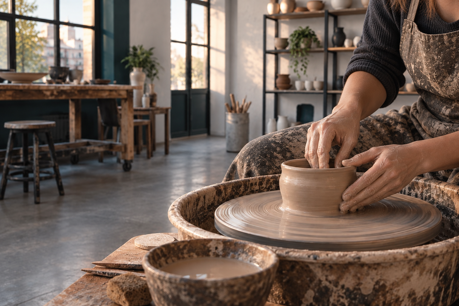 A woman shaping a clay vessel on a pottery wheel in a warm industrial studio